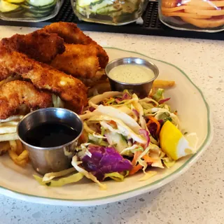 Battered fish served with chips